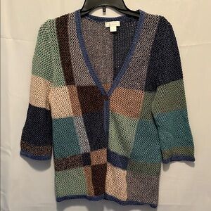 Christopher & Banks Blue Green patchwork pattern Cardigan Sweater USED L